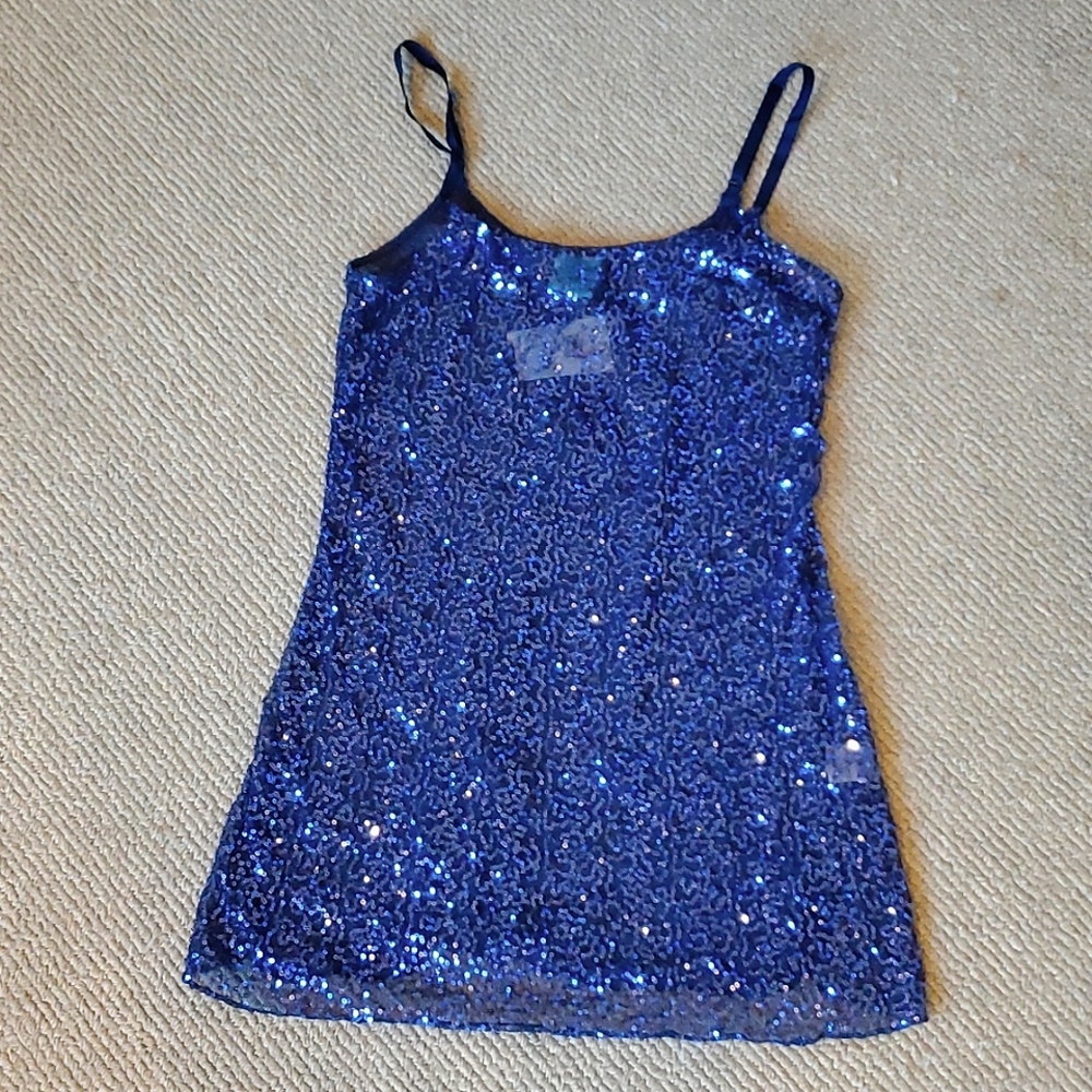 Happening in the present Hip Blue Sheer Sequin Sparkle Spaghetti Strap Tank